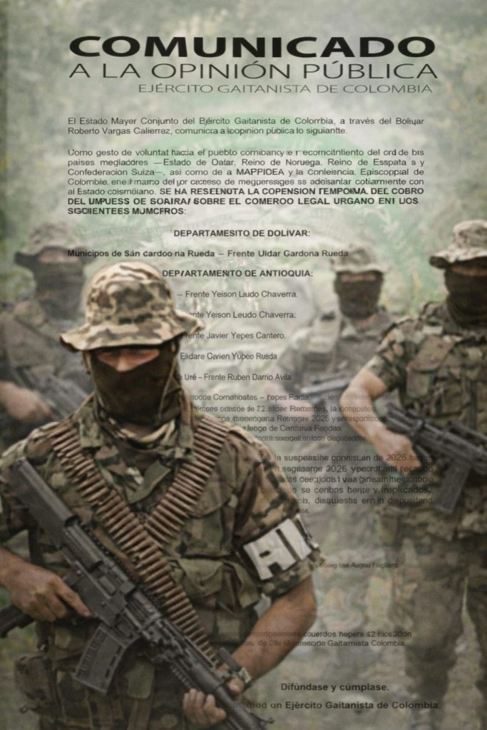 Autodefensas Gaitanistas anuncian suspensión del impuesto de guerra en algunas zonas del país.